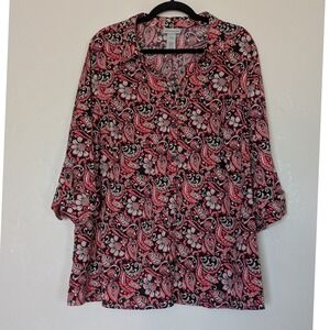 Catherines 14/16W Blouse Pink Black Paisley Print 3/4 Sleeve Button‎ Front Top